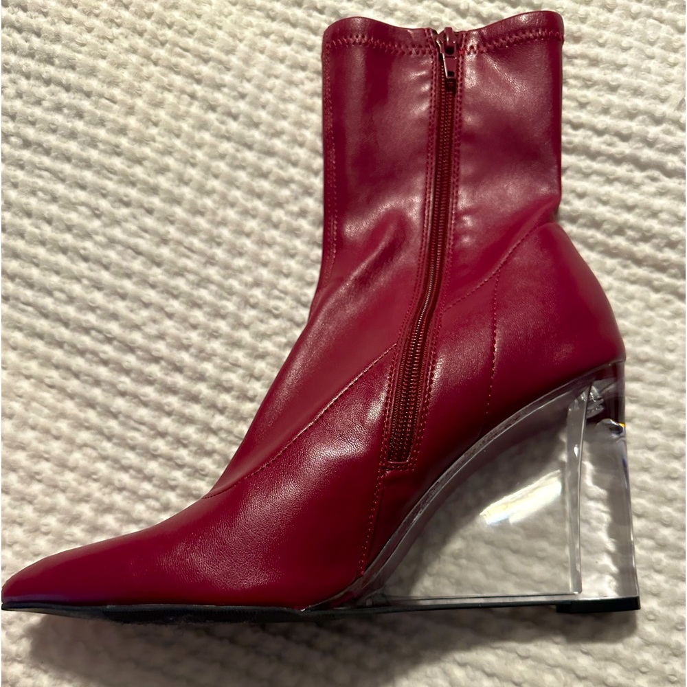 Red Booties with clear heels - size 10- never worn